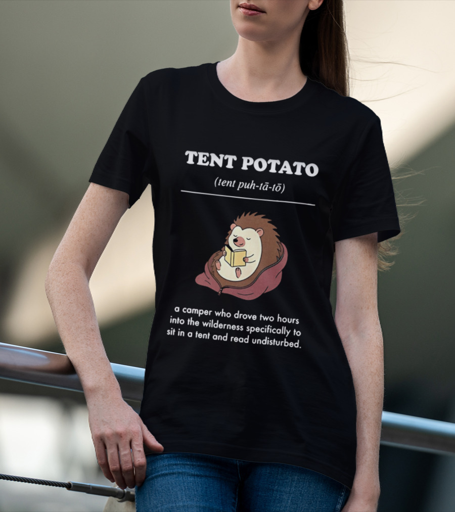 TENT POTATO Hedgehog Reading Camper Wilderness Tent Adventure T-Shirt