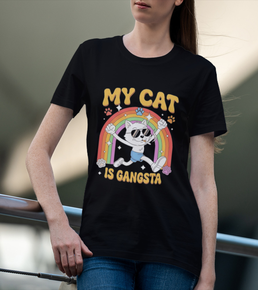 My Cat Is Gangsta Rainbow Smoking Cat T-Shirt