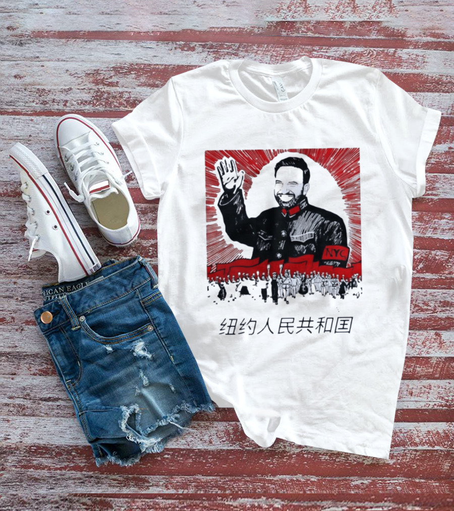 People's Republic Of NYC Bearded Man Waving With NYC Arm Patch And Red T-Shirt