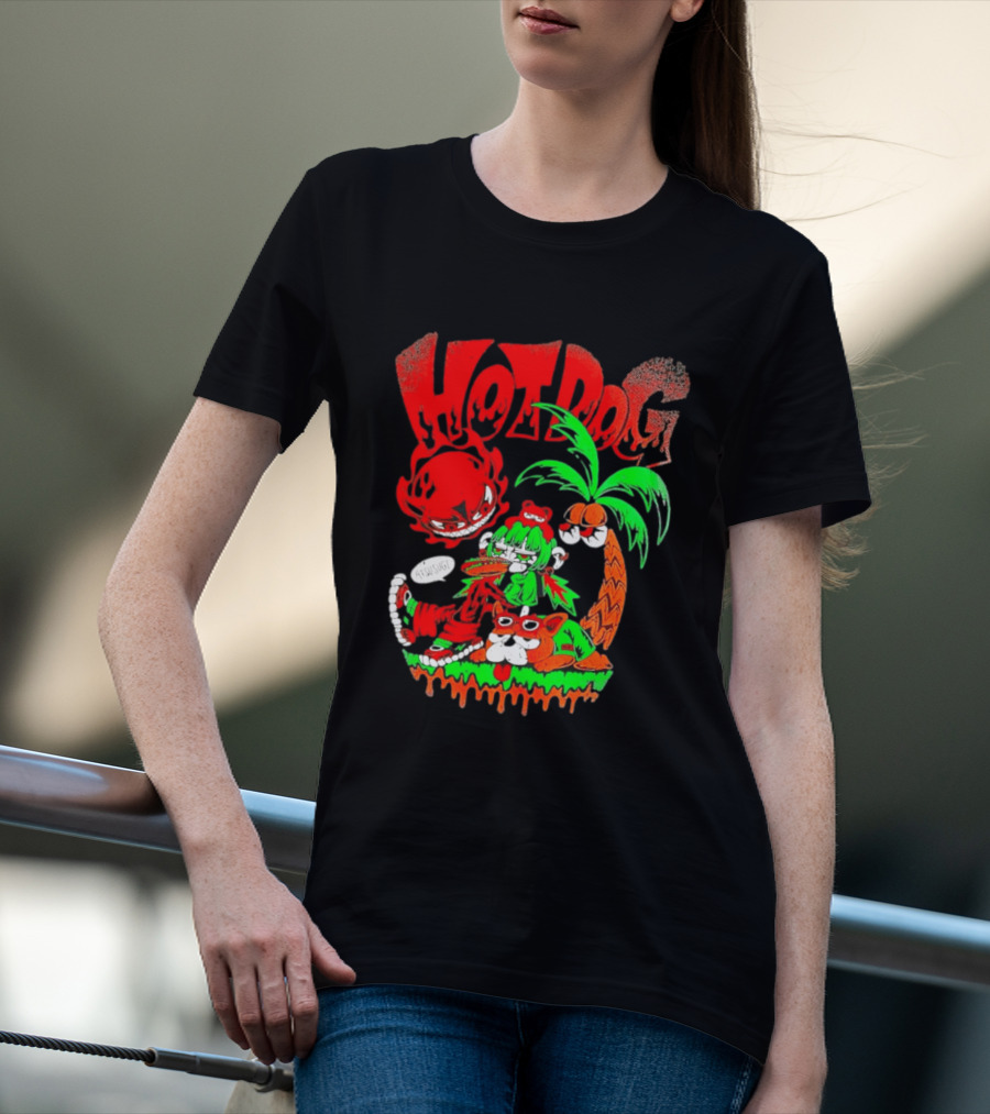 Hotdog Atsusugi Girl With Bear Hat And Dog Under Palm Tree T-Shirt