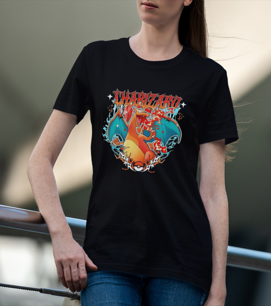 Charizard Pokemon CHARIZARO Fire Dragon With Pokeball And Flames T-Shirt