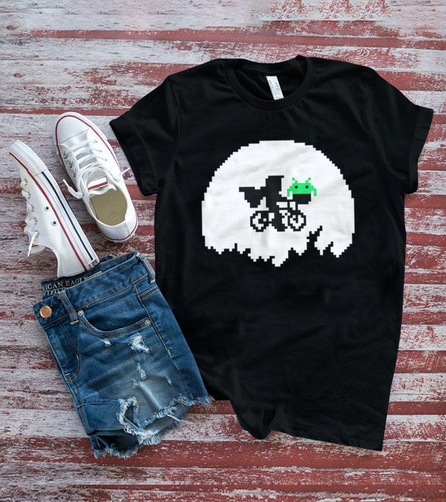 Elliott And Extra Terrestrial On Bicycle With Space Invader Pixel T-Shirt