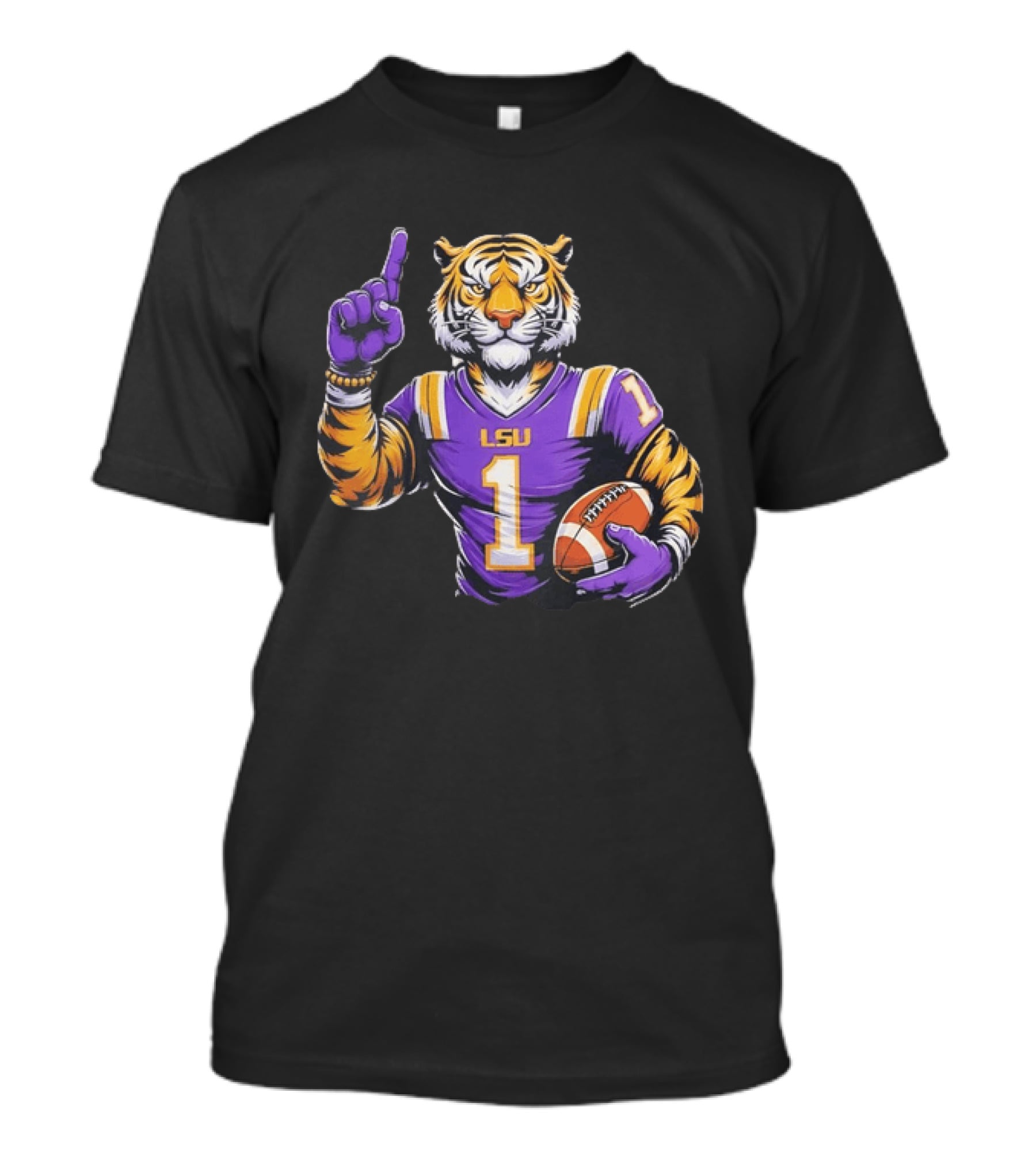 LSU Tiger Football Pointing Number 1 Holding Ball T-Shirt