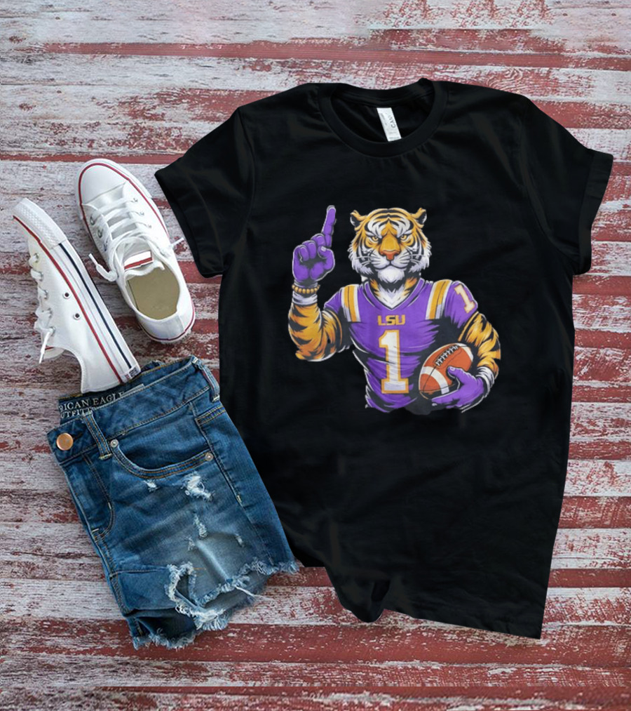 LSU Tiger Football Pointing Number 1 Holding Ball T-Shirt