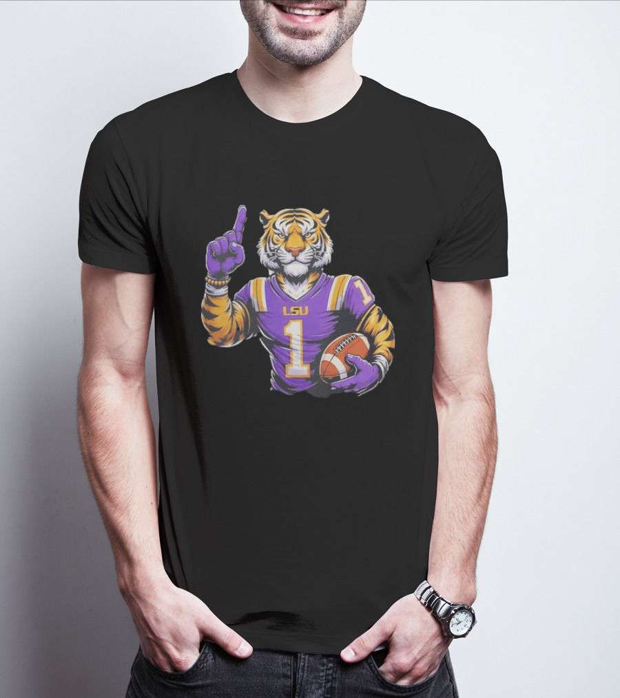 LSU Tiger Football Pointing Number 1 Holding Ball T-Shirt