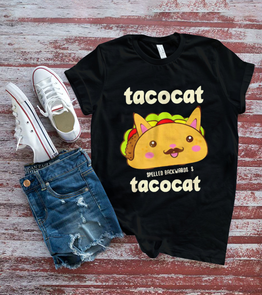 Tacocat Spelled Backwards Funny Meme Cartoon Palindrome Cat T-Shirt