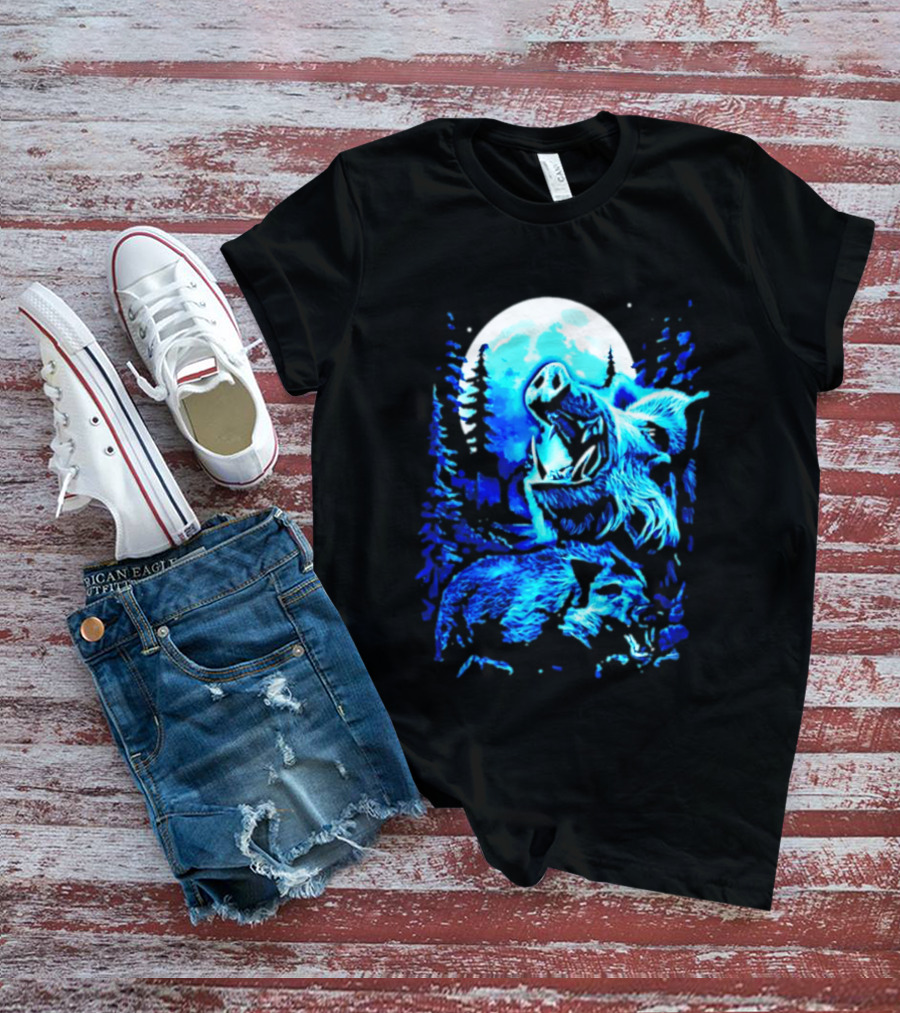 Wild Boar Howling At The Moon Under Mystical Forest Night Sky T-Shirt