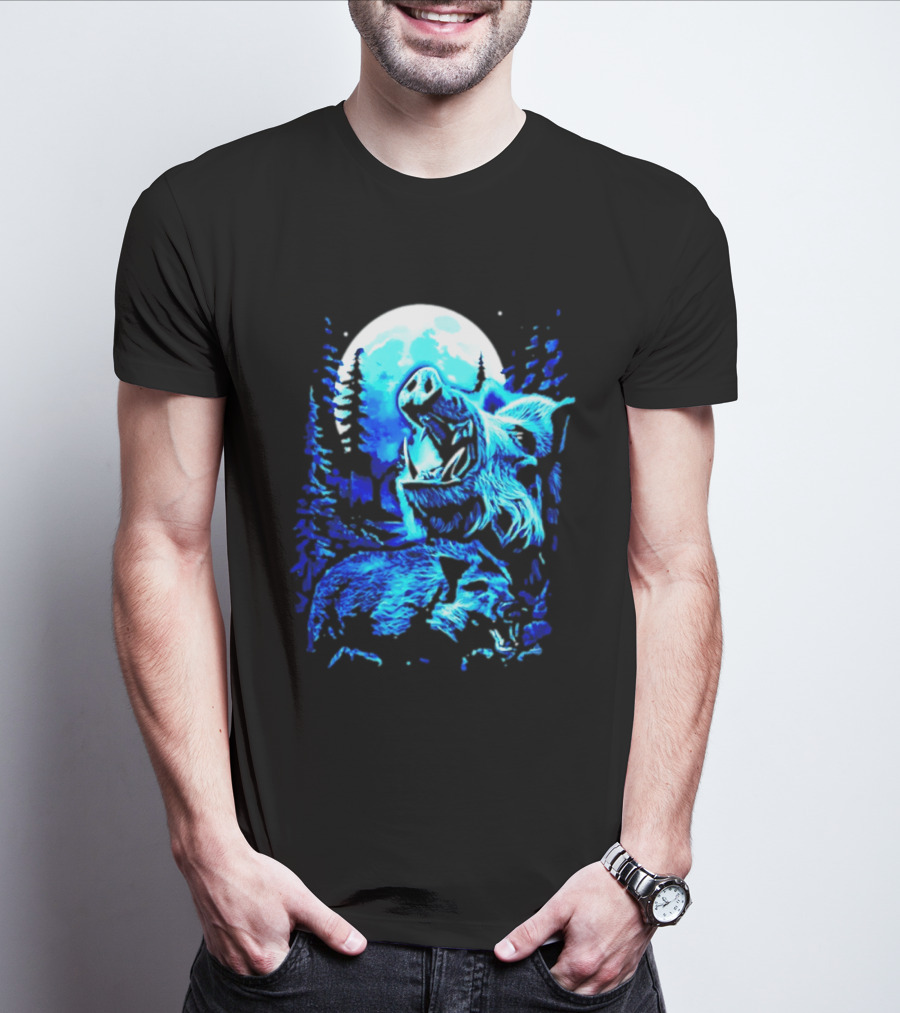 Wild Boar Howling At The Moon Under Mystical Forest Night Sky T-Shirt