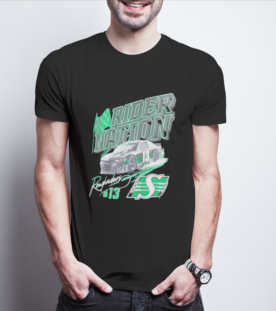 Saskatchewan Roughriders Rider Nation Race Car Number 13 With Team Logo And Flag T-Shirt
