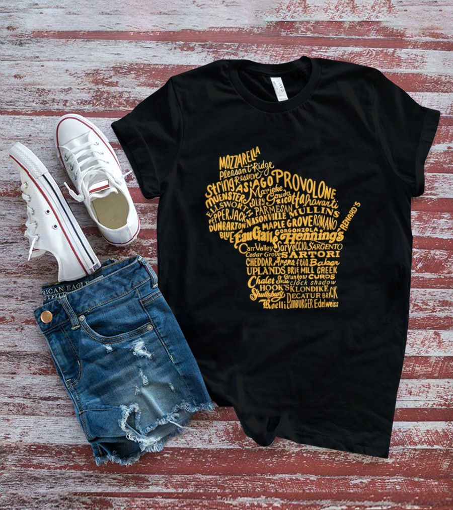 Wisconsin Cheese Map Eau Galle Cheddar Provolone Mozzarella Gouda Asiago Parmigiano Ullands T-Shirt