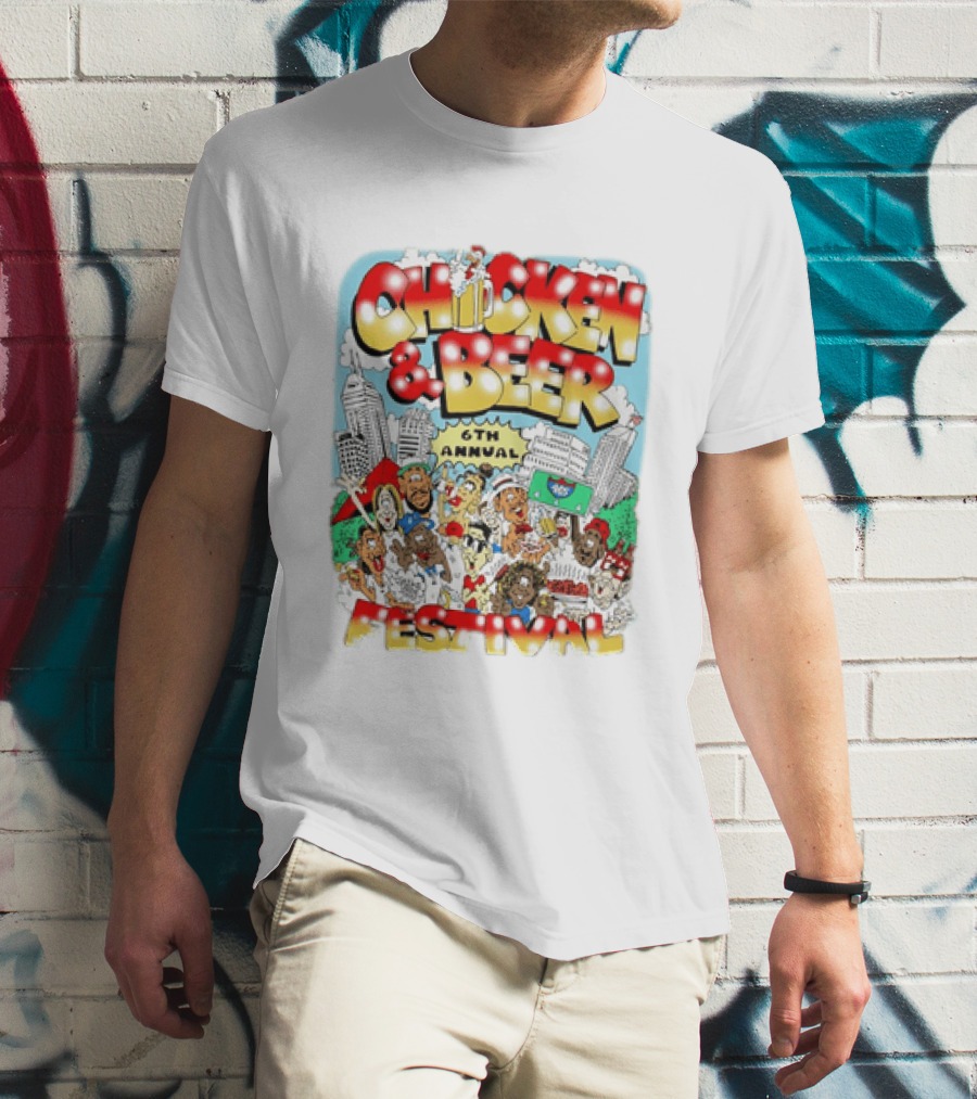 6th Annual Chicken & Beer Festival Indianapolis Cartoon Cityscape Crowd Fun T-Shirt
