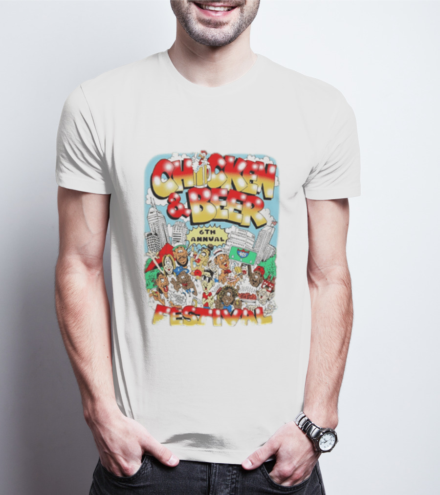 6th Annual Chicken & Beer Festival Indianapolis Cartoon Cityscape Crowd Fun T-Shirt