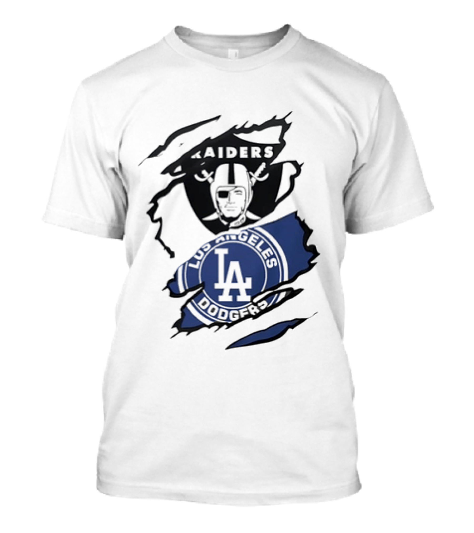 Raiders Los Angeles Dodgers Ripped Effect NFL MLB Crossover Fan Gear T-Shirt