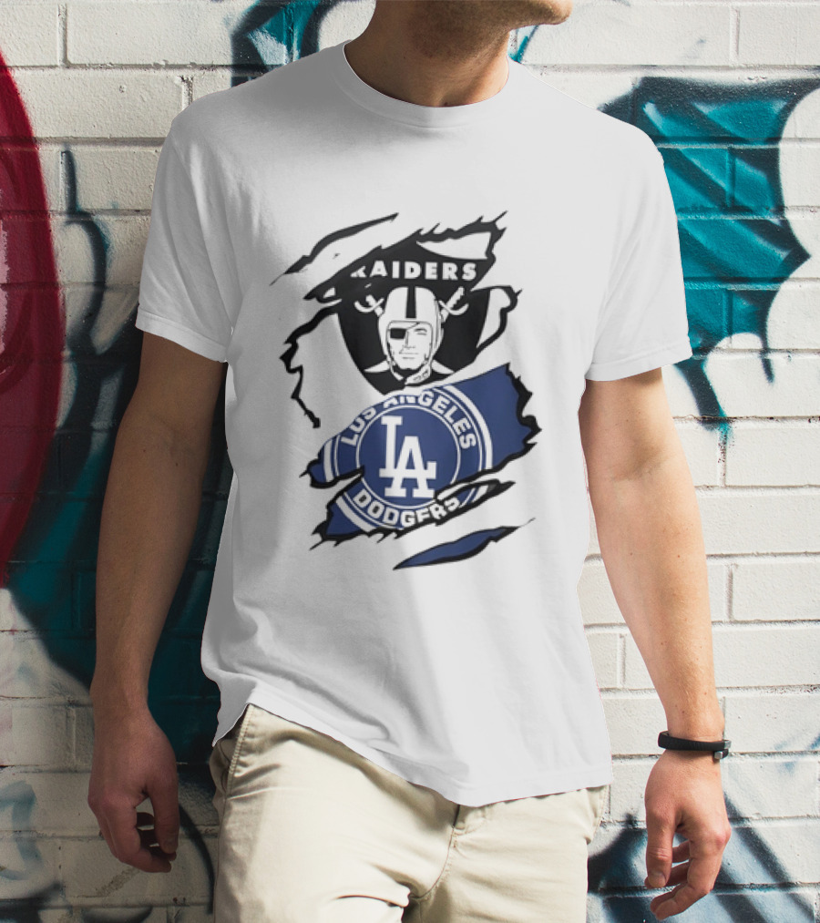 Raiders Los Angeles Dodgers Ripped Effect NFL MLB Crossover Fan Gear T-Shirt