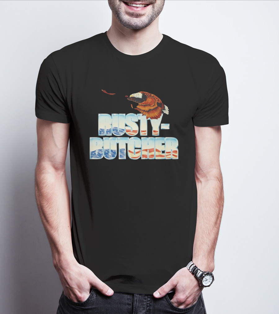 Rusty Butcher American Eagle With Patriotic Stars And Stripes T-Shirt