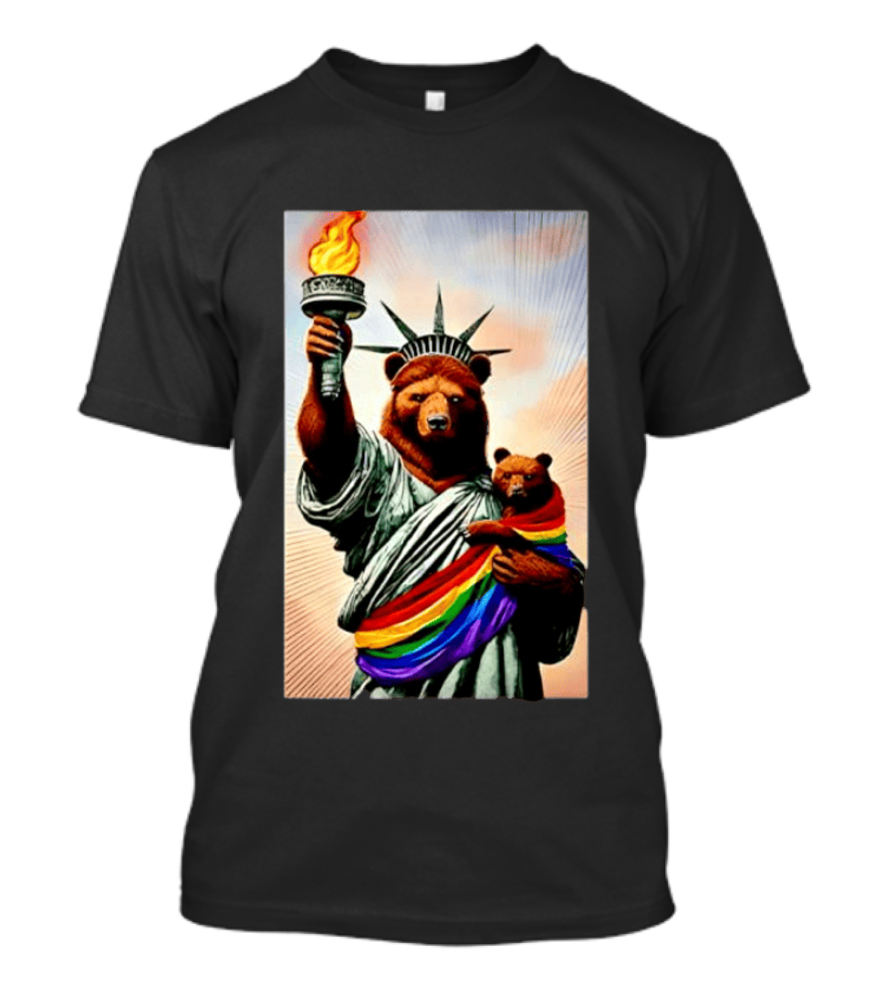 Bear Statues Liberty Rainbow Pride Torch T-Shirt