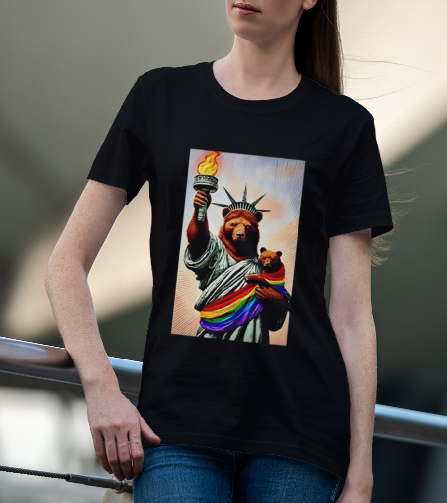 Bear Statues Liberty Rainbow Pride Torch T-Shirt