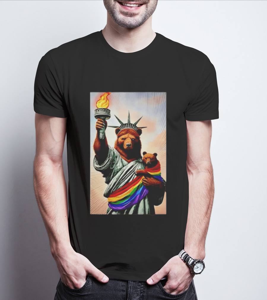 Bear Statues Liberty Rainbow Pride Torch T-Shirt