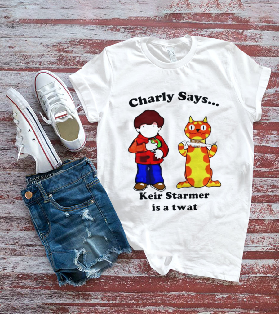 Charly Says Keir Starmer Is A Twat Comic Retro Style Cat And Kid T-Shirt