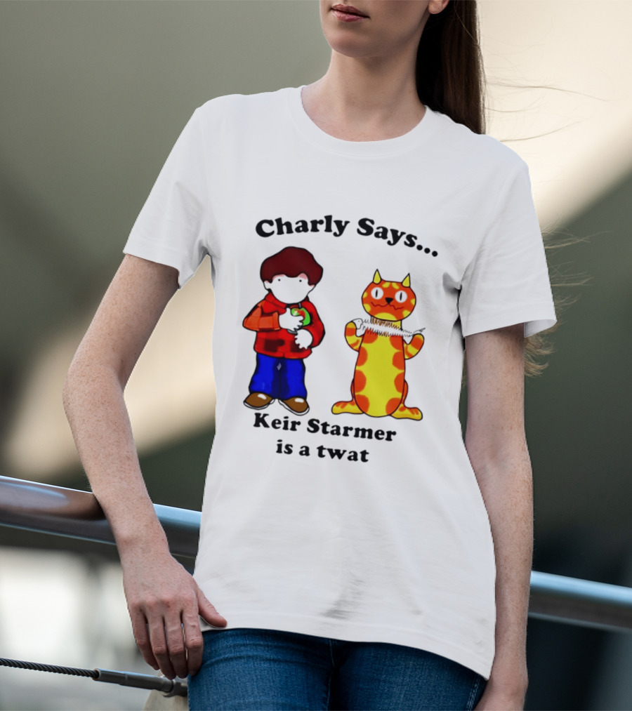 Charly Says Keir Starmer Is A Twat Comic Retro Style Cat And Kid T-Shirt