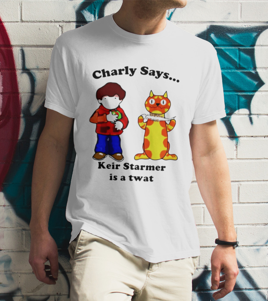 Charly Says Keir Starmer Is A Twat Comic Retro Style Cat And Kid T-Shirt