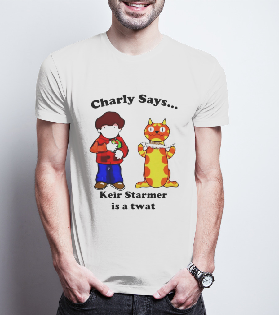 Charly Says Keir Starmer Is A Twat Comic Retro Style Cat And Kid T-Shirt