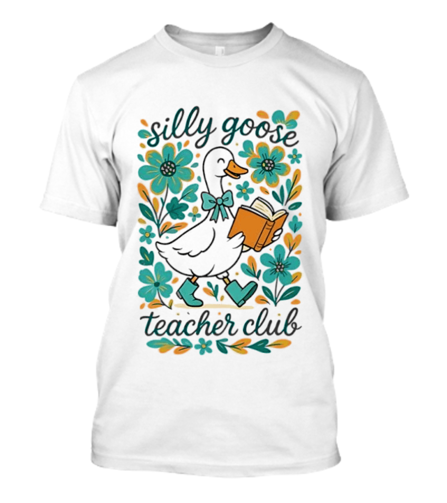 Silly Goose Teacher Club Reading Goose With Flowers And Rain Boots T-Shirt