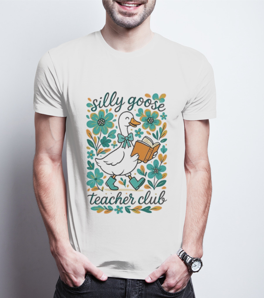 Silly Goose Teacher Club Reading Goose With Flowers And Rain Boots T-Shirt