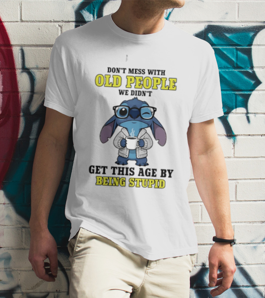 Stitch Don't Mess With Old People Winking Glasses Blue Character Image T-Shirt