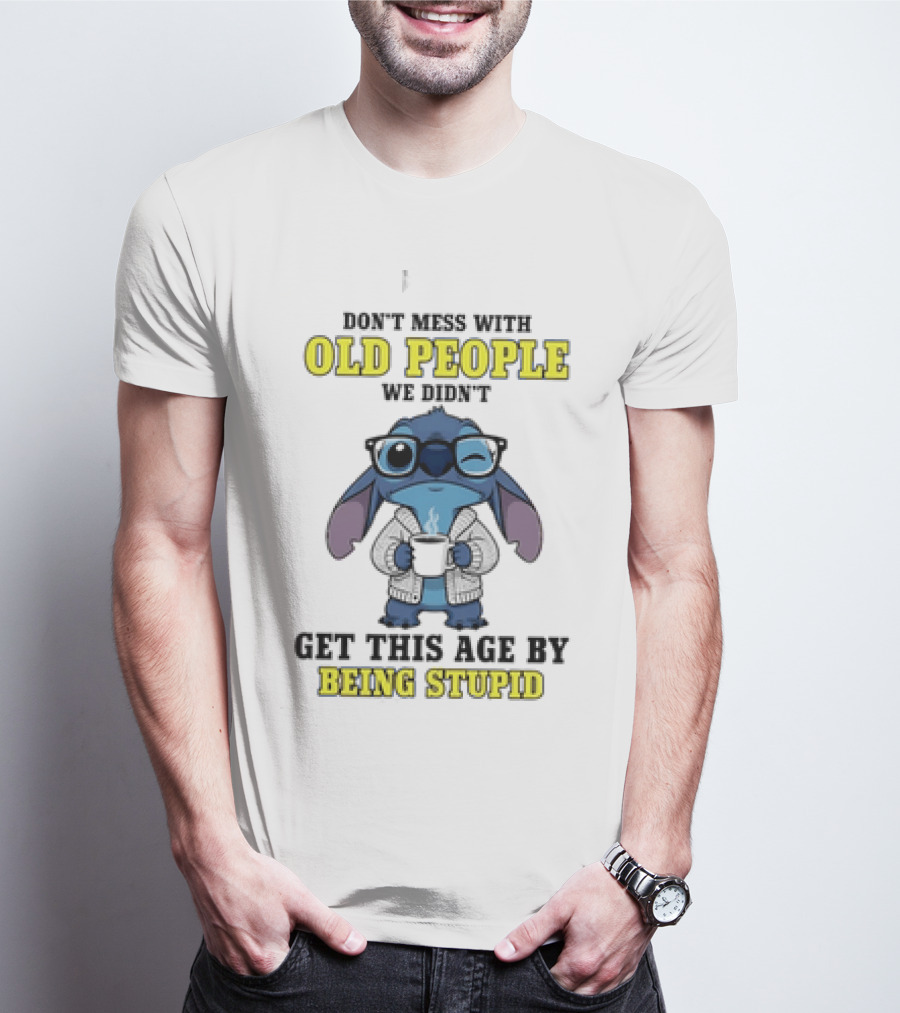 Stitch Don't Mess With Old People Winking Glasses Blue Character Image T-Shirt