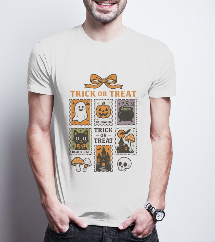Trick Or Treat Halloween Ghost Pumpkin Cauldron Black Cat Haunted House T-Shirt