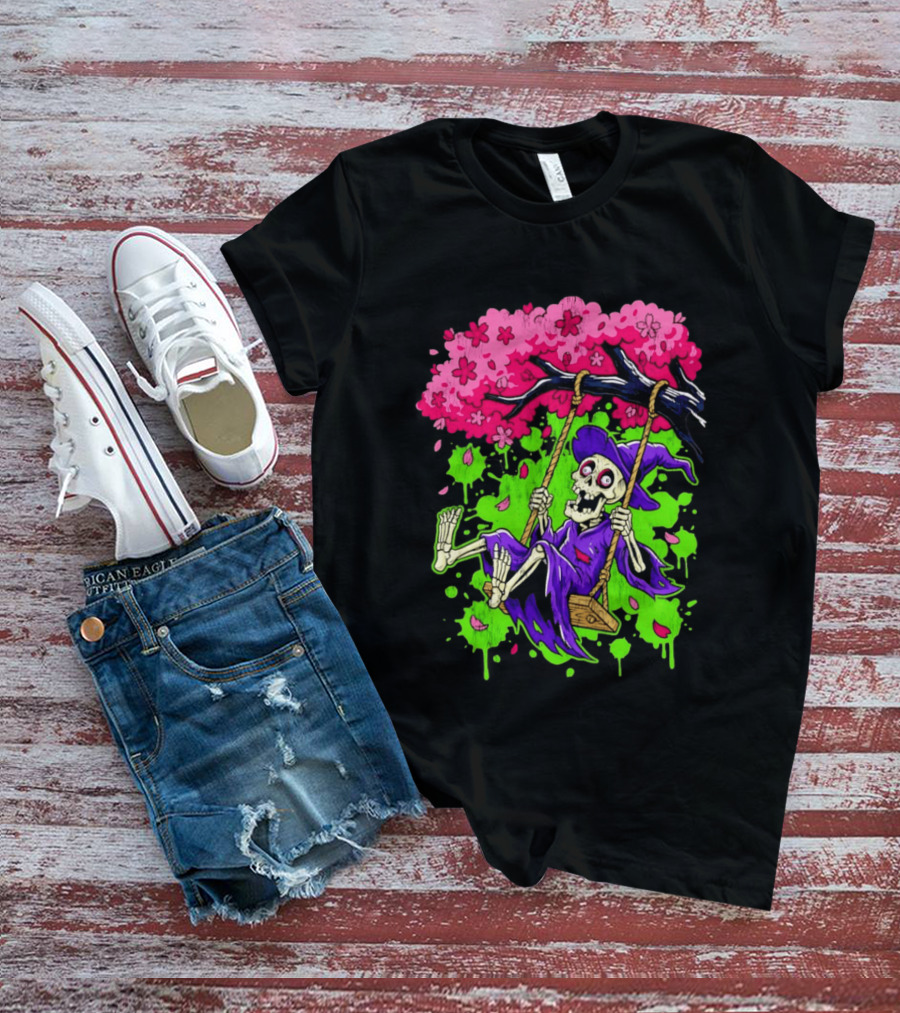 Morbid Whimsy Skeleton Witch Swinging Under Cherry Blossom Tree T-Shirt