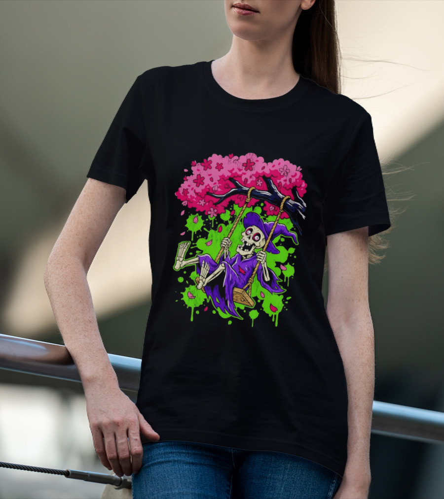 Morbid Whimsy Skeleton Witch Swinging Under Cherry Blossom Tree T-Shirt
