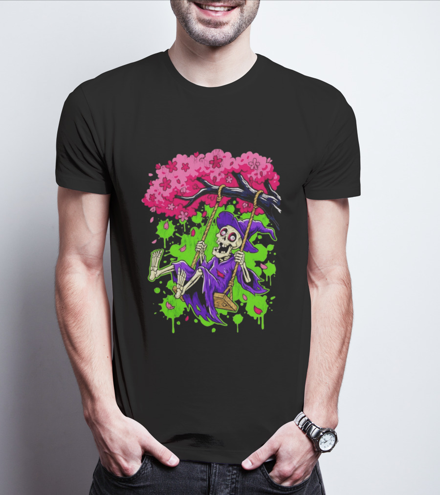 Morbid Whimsy Skeleton Witch Swinging Under Cherry Blossom Tree T-Shirt