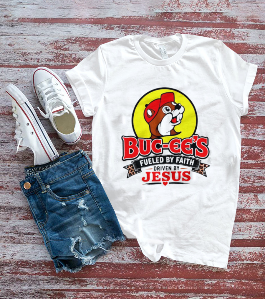 Buc Ee's Fueled By Faith Driven By Jesus Yellow Circle Red Cap T-Shirt