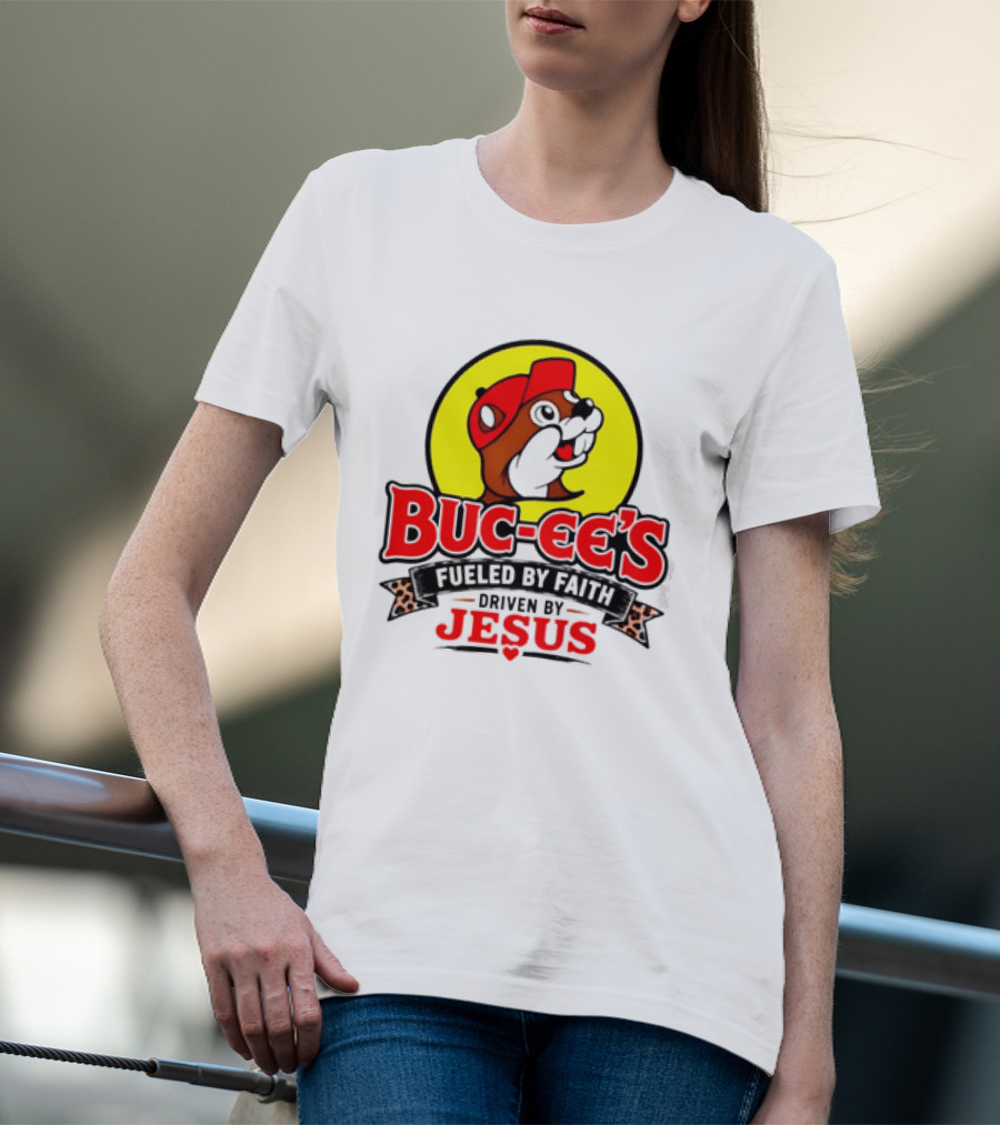 Buc Ee's Fueled By Faith Driven By Jesus Yellow Circle Red Cap T-Shirt