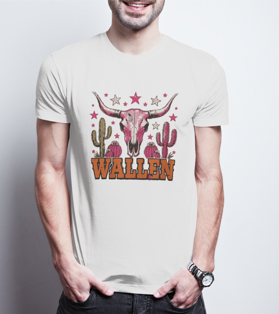 Wallen Pink Cow Skull Cactus Stars T-Shirt