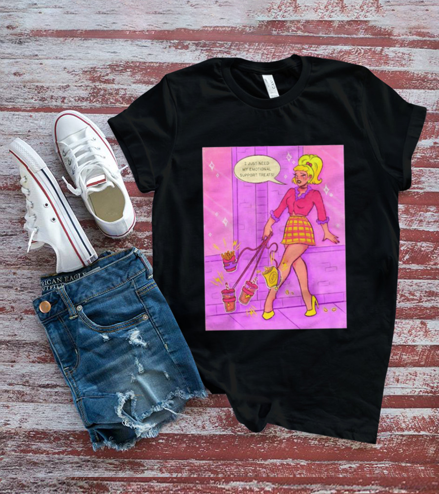 I Just Need My Emotional Support Treats Comic Style Girl With Drinks And Fries T-Shirt