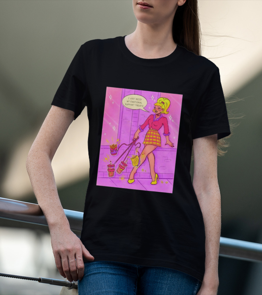 I Just Need My Emotional Support Treats Comic Style Girl With Drinks And Fries T-Shirt