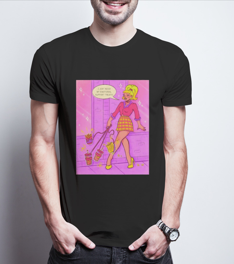 I Just Need My Emotional Support Treats Comic Style Girl With Drinks And Fries T-Shirt