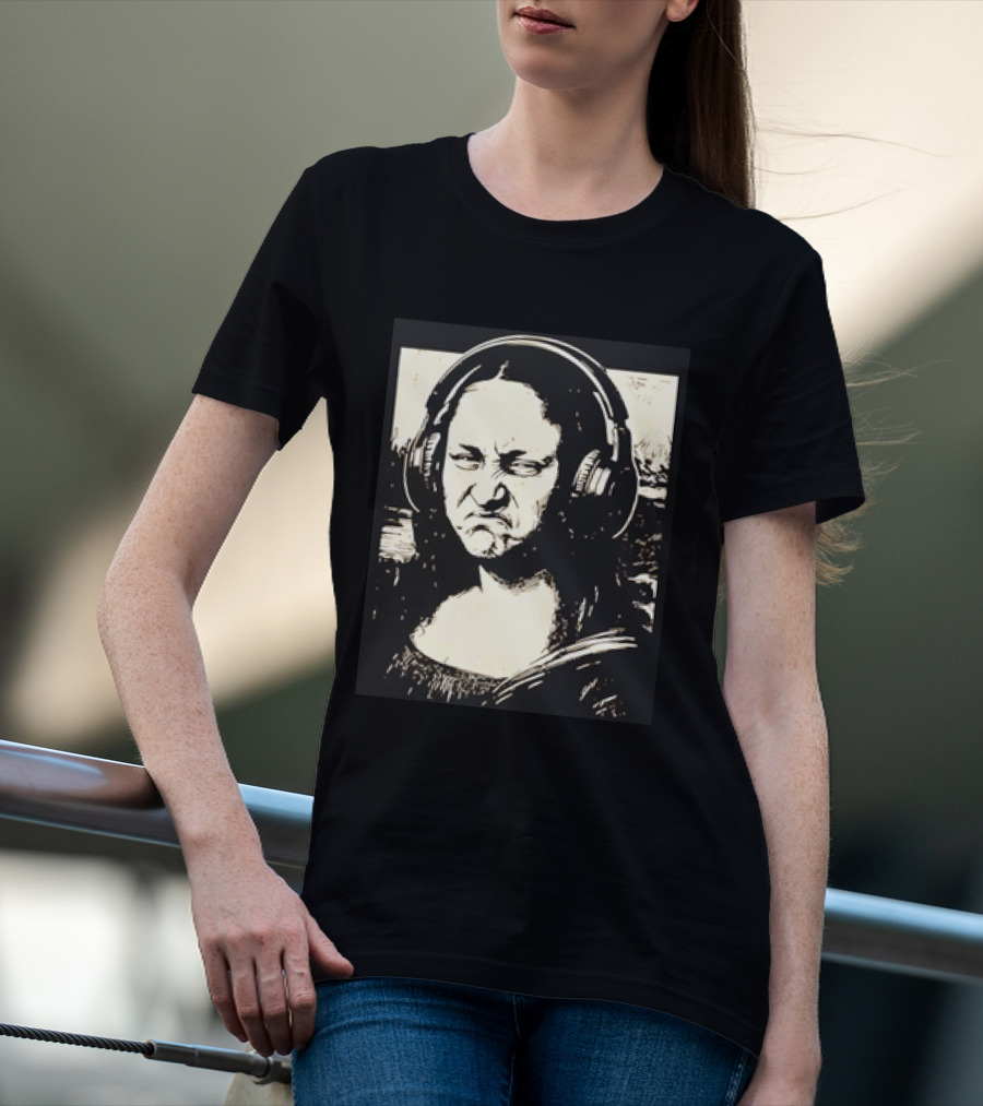 Mona Lisa Headphones Grumpy Expression Fusion T-Shirt