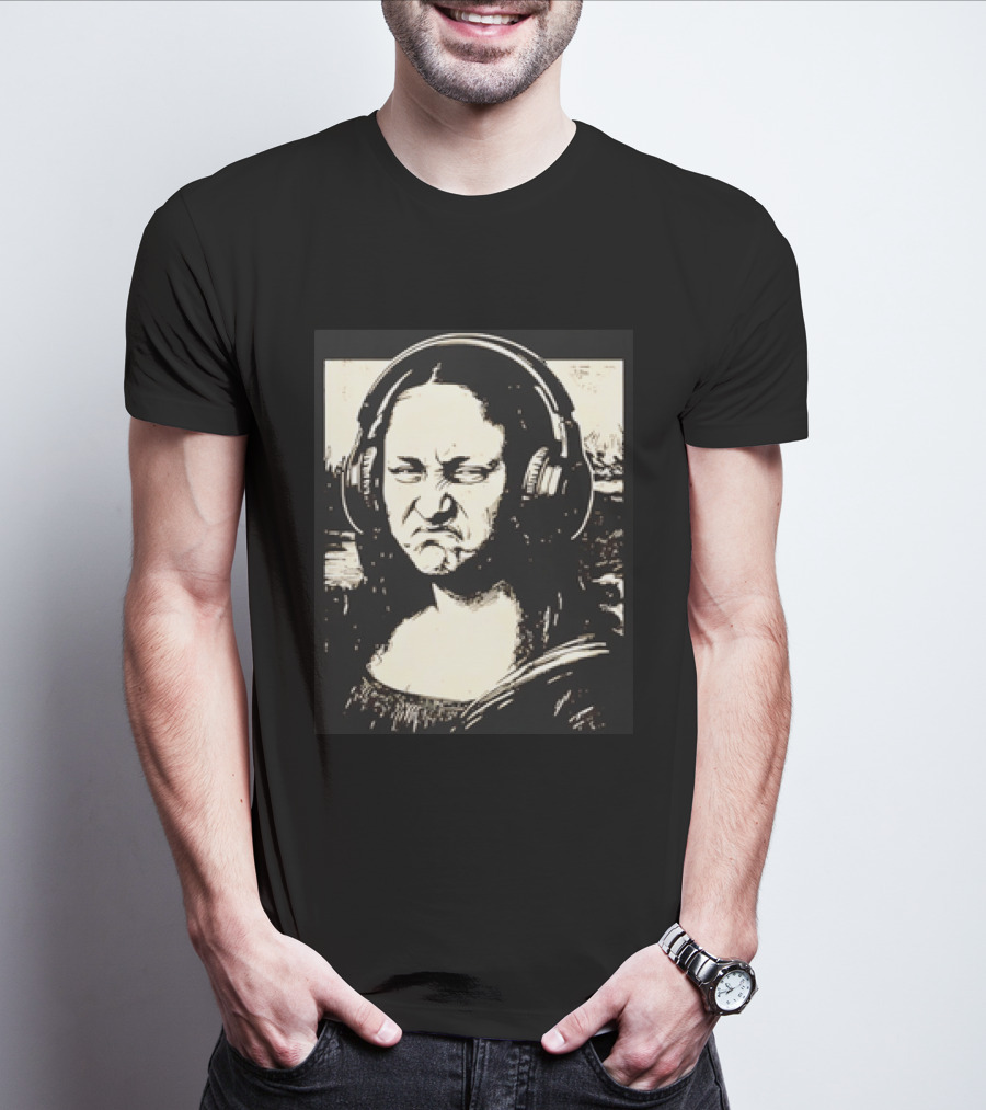Mona Lisa Headphones Grumpy Expression Fusion T-Shirt
