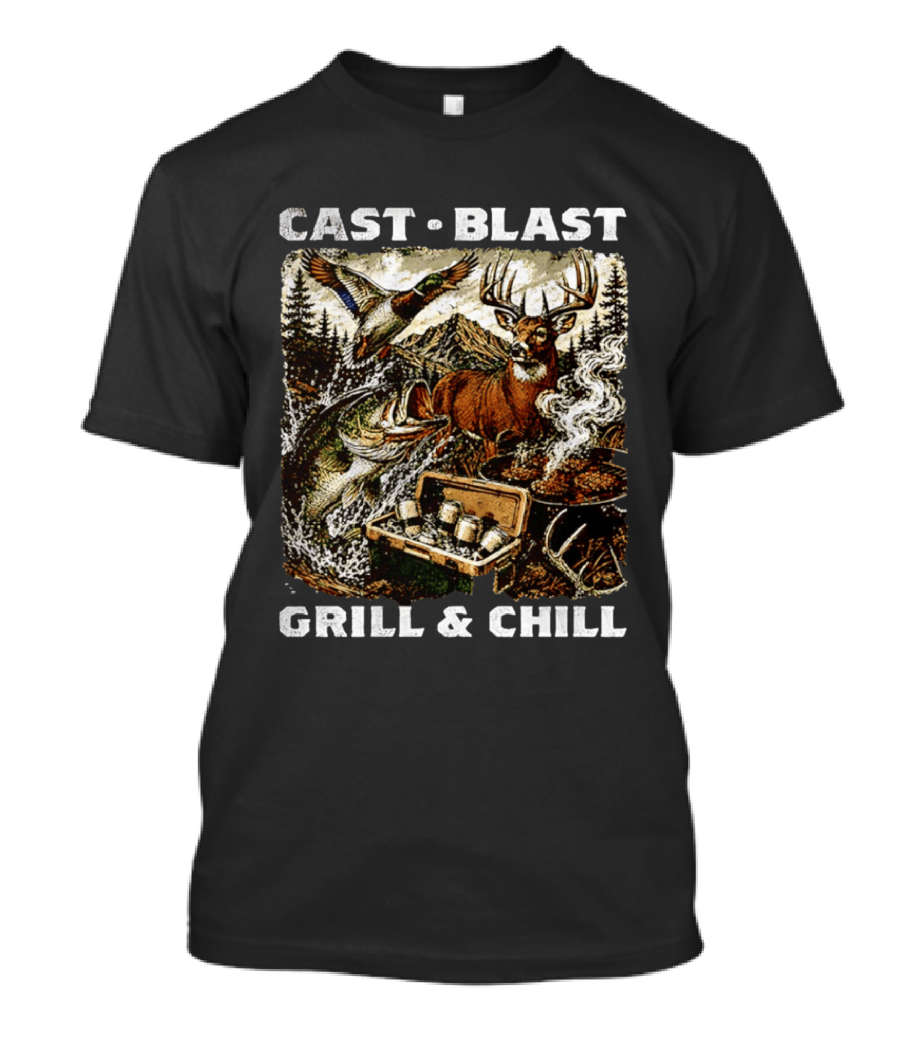 Cast Blast Grill & Chill Deer Fish Camping Scene T-Shirt