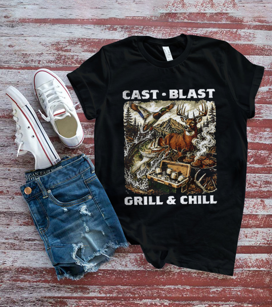 Cast Blast Grill & Chill Deer Fish Camping Scene T-Shirt