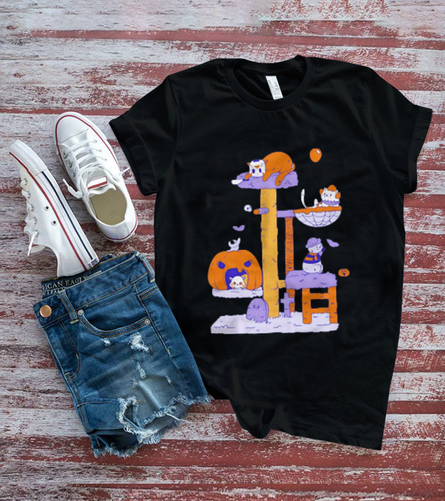 Cat Horror Pumpkin Tree Halloween Cats T-Shirt