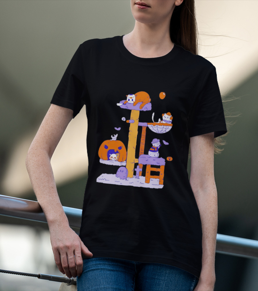 Cat Horror Pumpkin Tree Halloween Cats T-Shirt