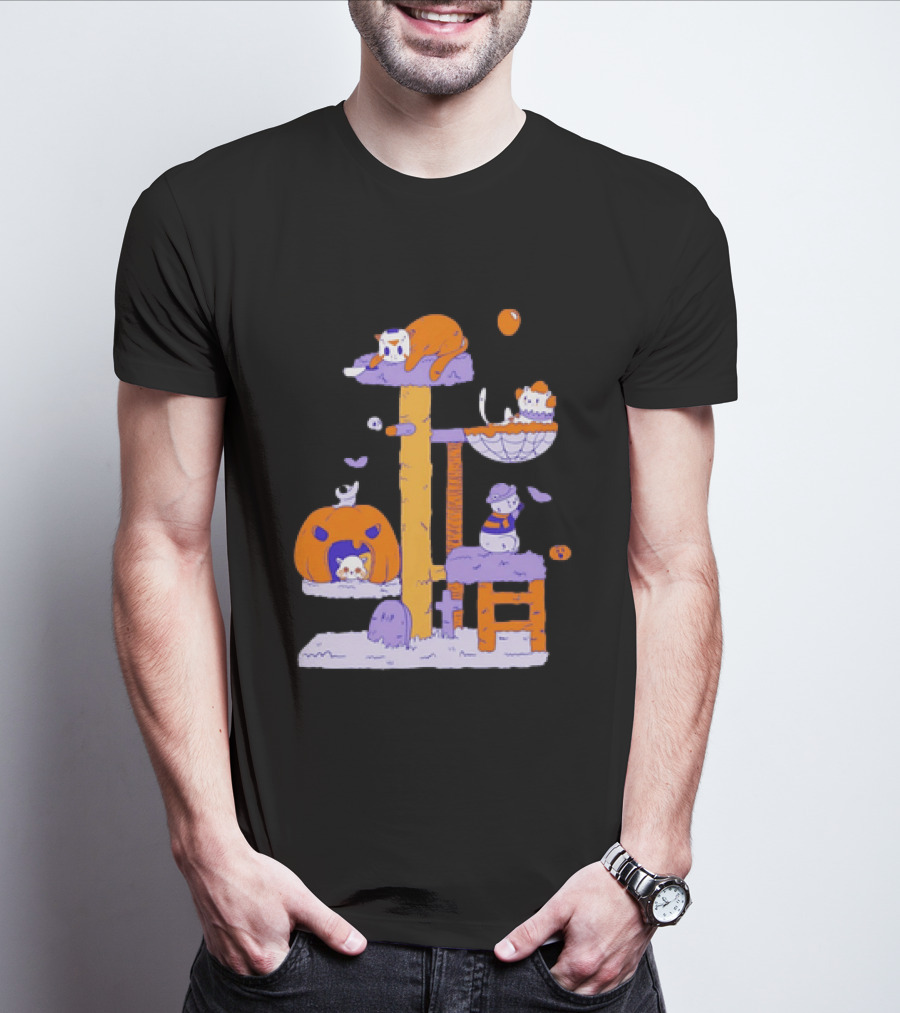 Cat Horror Pumpkin Tree Halloween Cats T-Shirt