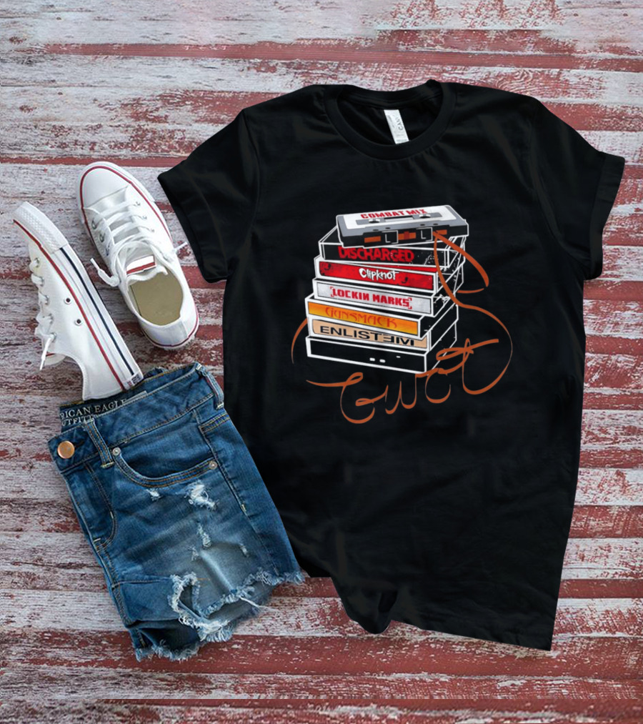 Combat Mix Discharged Clipknot Lockin Marks Gunsmack Enlist GWOT 3 Tours Down Music Cassette Stack T-Shirt