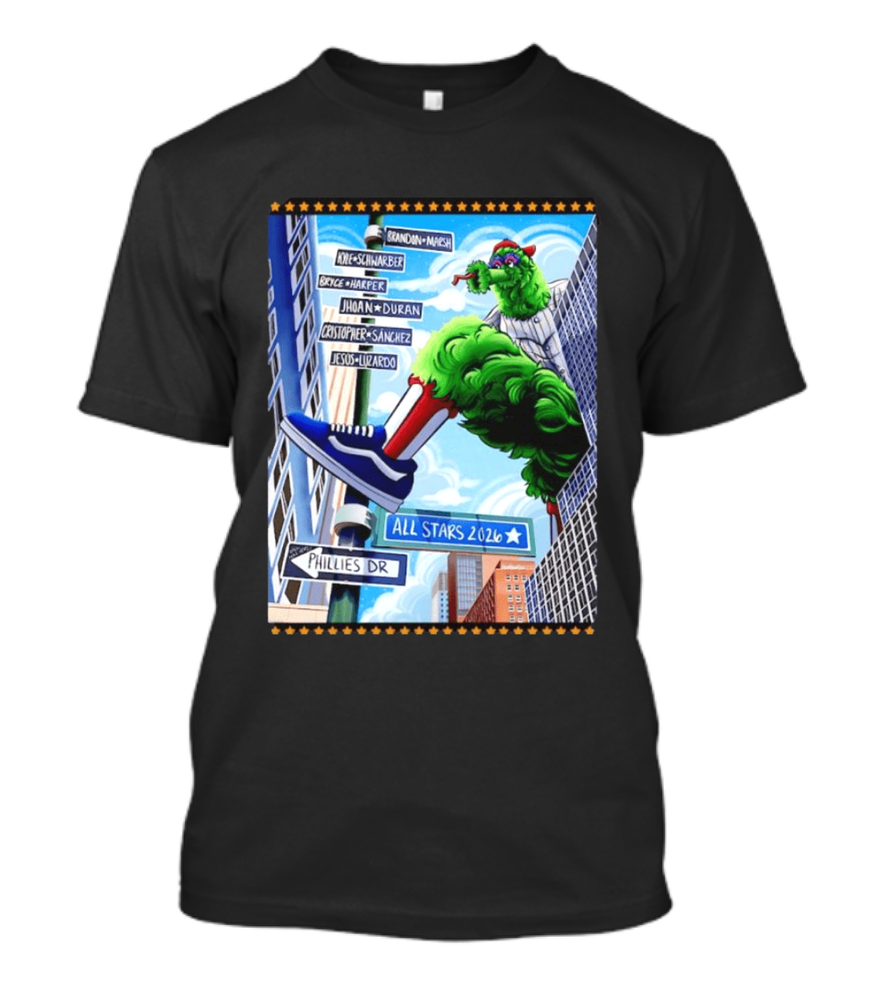 Phillies Dr Phillie Phanatic Brandon Marsh Kyle Schwarber Bryce Harper Johan Duran Christopher Sanchez Jesus Luzardo All Stars 2026 T-Shirt