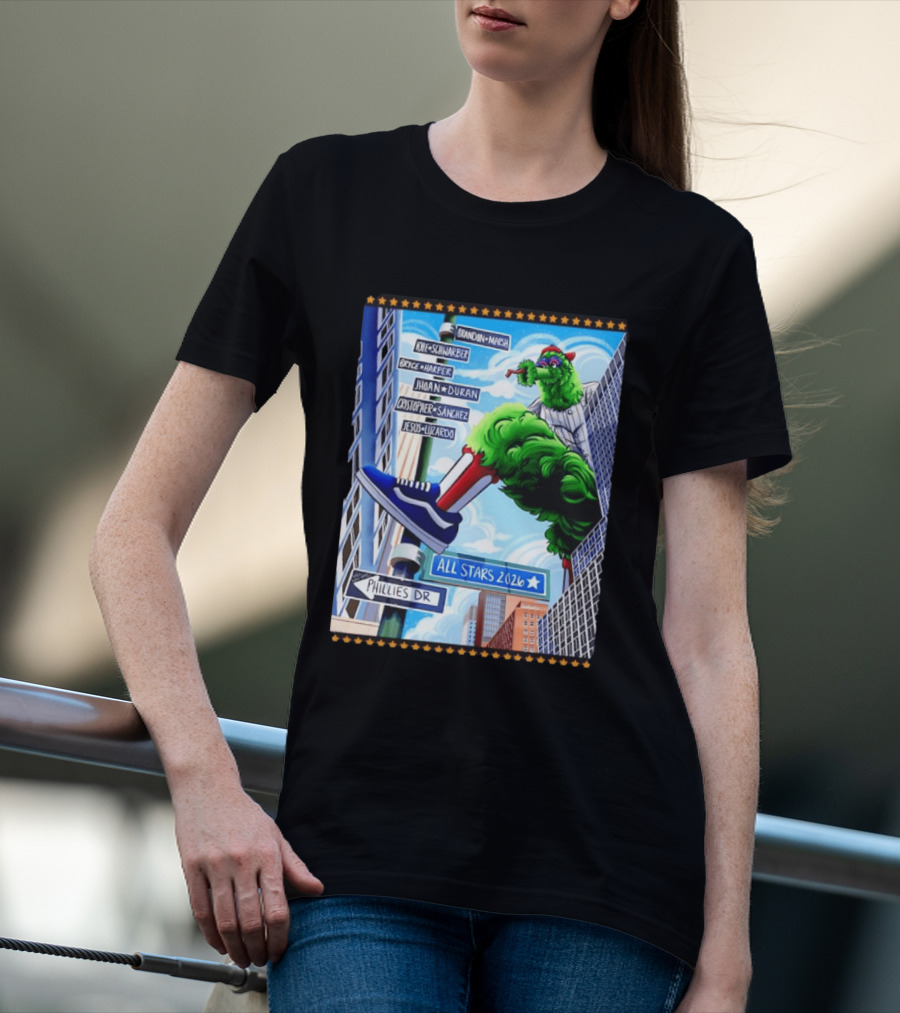 Phillies Dr Phillie Phanatic Brandon Marsh Kyle Schwarber Bryce Harper Johan Duran Christopher Sanchez Jesus Luzardo All Stars 2026 T-Shirt